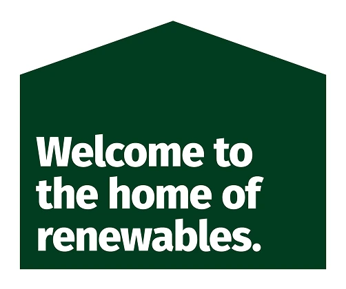 The text Welcome to the home of renewables on a green background